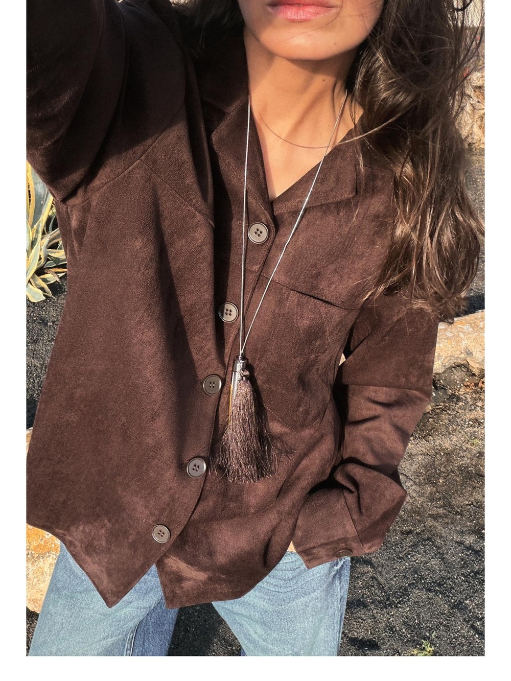 Zara Chocolate Brown Button-Front Suede Blouse Size Medium